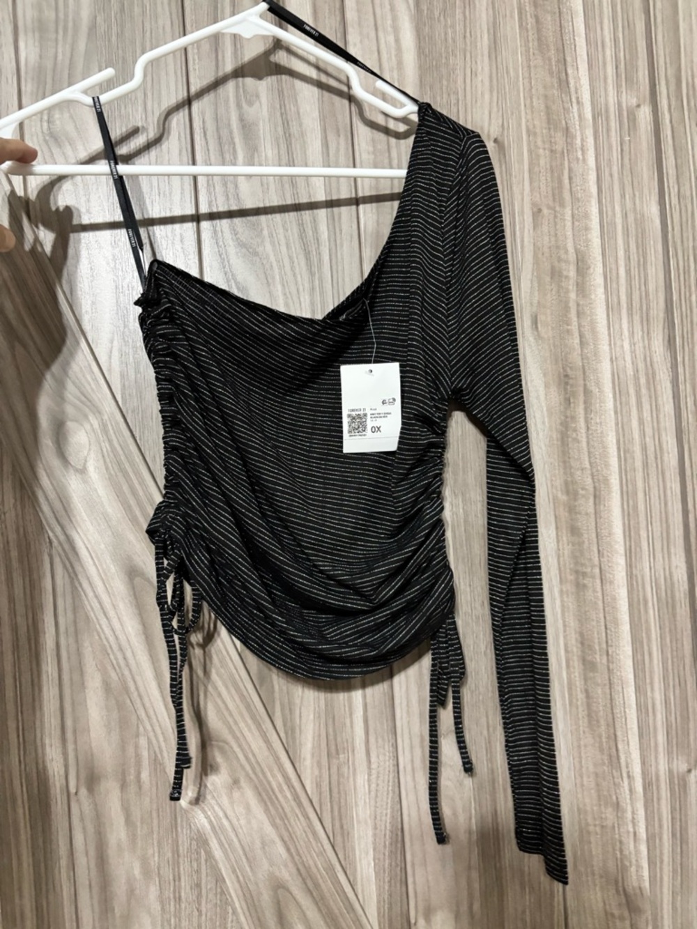 Forever 21 Black & Silver One-Shoulder Ruched Crop Top